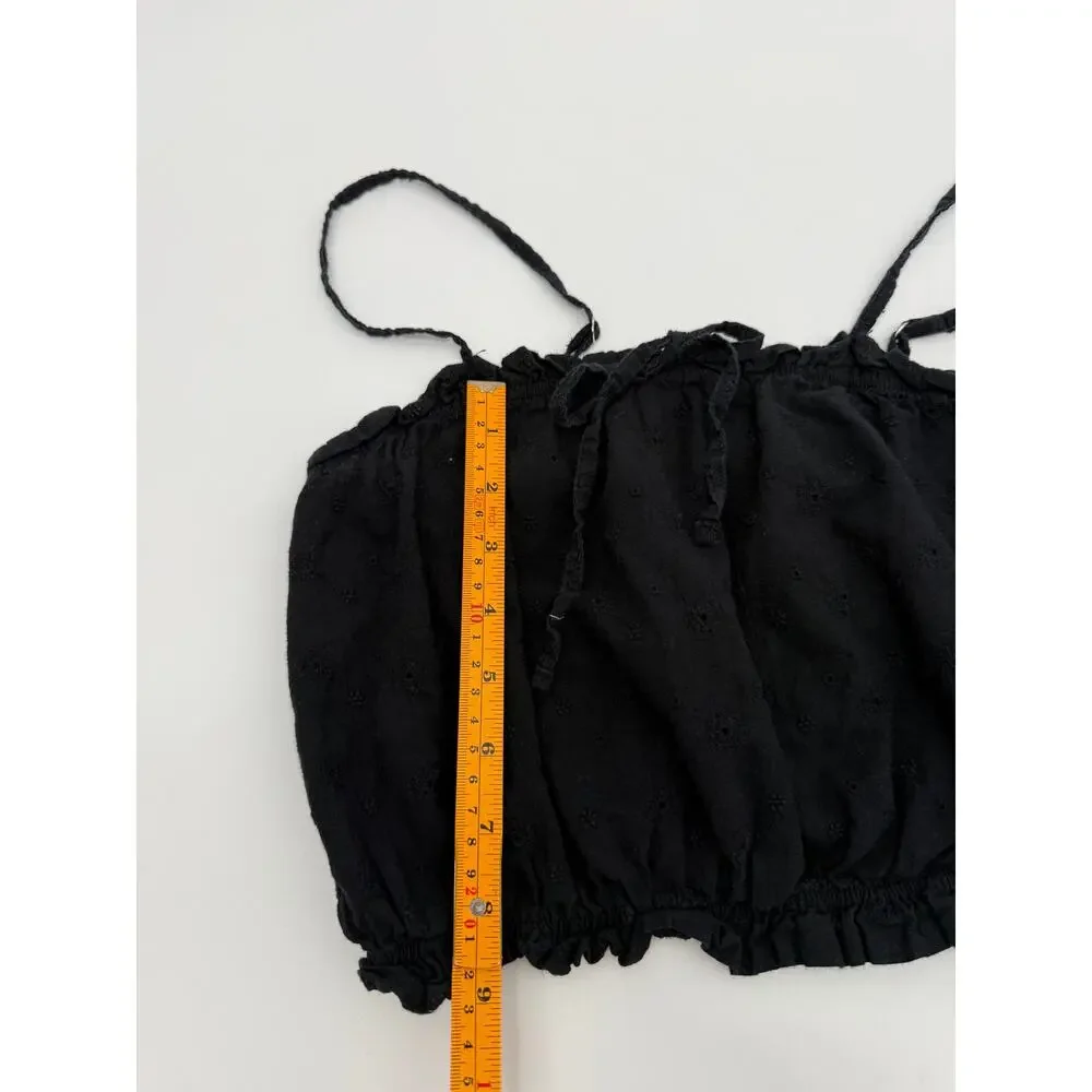 Active USA Black Cotton Eyelet Cropped Cami Tank Top Smocked Boho Size Small